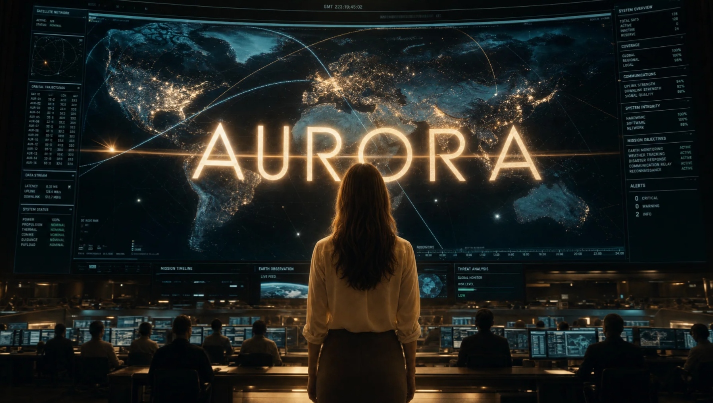 Elena Vale before the AURORA world map in mission control